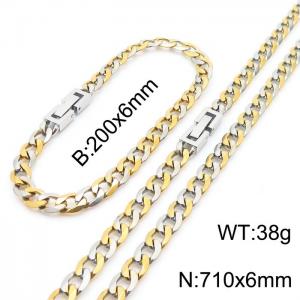 7100x6mm Flat Bracelet Necklace Set Stainless Steel Japanese Buckle Chain Neutral Gold Mixed Jewelry - KS204926-Z