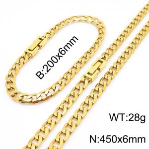 450x6mm Flat Bracelet Necklace Set Stainless Steel Japanese Buckle Chain Neutral Gold Mixed Jewelry - KS204928-Z