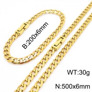 500x6mm Flat Bracelet Necklace Set Stainless Steel Japanese Buckle Chain Neutral Gold Mixed Jewelry - KS204929-Z