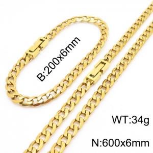 600x6mm Flat Bracelet Necklace Set Stainless Steel Japanese Buckle Chain Neutral Gold Mixed Jewelry - KS204931-Z