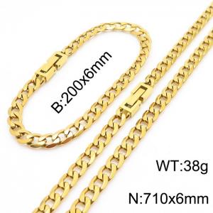 710x6mm Flat Bracelet Necklace Set Stainless Steel Japanese Buckle Chain Neutral Gold Mixed Jewelry - KS204933-Z