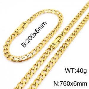 760x6mm Flat Bracelet Necklace Set Stainless Steel Japanese Buckle Chain Neutral Gold Mixed Jewelry - KS204934-Z