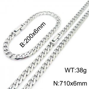 710x6mm Flat Bracelet Necklace Set Stainless Steel Japanese Buckle Chain Neutral SilverMixed Jewelry - KS204940-Z