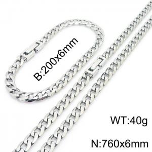 760x6mm Flat Bracelet Necklace Set Stainless Steel Japanese Buckle Chain Neutral SilverMixed Jewelry - KS204941-Z