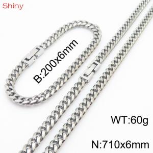 Fashionable and Personalized 6mm Stainless Steel Polished Cuban Chain Bracelet Necklace Set of Two - KS205034-Z