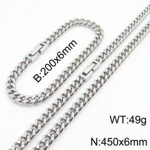 200x6mm 450x6mm Silver Simple Buckle Cuban Chain Set Stainless Steel Bracelet Necklace Set Unisex Party Jewelry - KS205043-Z