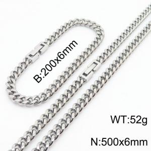 200x6mm 500x6mm Silver Simple Buckle Cuban Chain Set Stainless Steel Bracelet Necklace Set Unisex Party Jewelry - KS205044-Z