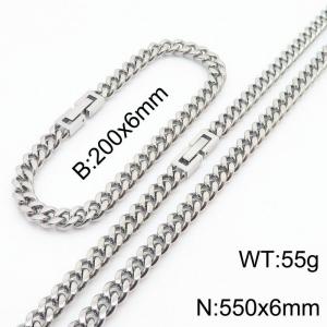 200x6mm 550x6mm Silver Simple Buckle Cuban Chain Set Stainless Steel Bracelet Necklace Set Unisex Party Jewelry - KS205045-Z