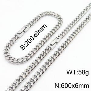 200x6mm 600x6mm Silver Simple Buckle Cuban Chain Set Stainless Steel Bracelet Necklace Set Unisex Party Jewelry - KS205046-Z