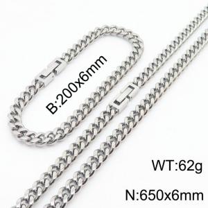 200x6mm 650x6mm Silver Simple Buckle Cuban Chain Set Stainless Steel Bracelet Necklace Set Unisex Party Jewelry - KS205047-Z