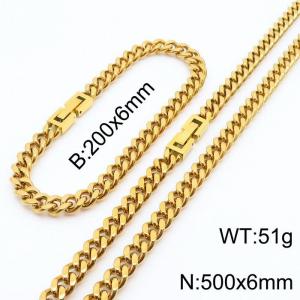 200x6mm 500x6mm Gold Simple Buckle Cuban Chain Set Stainless Steel Bracelet Necklace Set Unisex Party Jewelry - KS205051-Z
