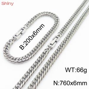 Fashionable and Personalized 6mm Stainless Steel Polished Whip Chain Bracelet Necklace Set of Two - KS205063-Z