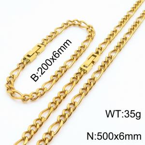 200x6mm 500x6mm Gold Simple Buckle Cuban Chain Set Stainless Steel Bracelet Necklace Set Unisex Party Jewelry - KS205086-Z