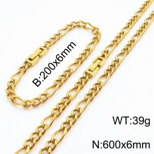 200x6mm 600x6mm Gold Simple Buckle Cuban Chain Set Stainless Steel Bracelet Necklace Set Unisex Party Jewelry - KS205088-Z