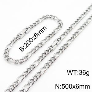 200x6mm 500x6mm Silver Simple Buckle Cuban Chain Set Stainless Steel Bracelet Necklace Set Unisex Party Jewelry - KS205093-Z