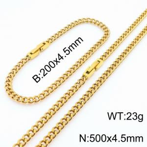 200x4.5mm 500x4.5mm Gold Color Simple Buckle Cuban Chain Set Stainless Steel Bracelet Necklace Set Unisex Party Jewelry - KS205107-Z