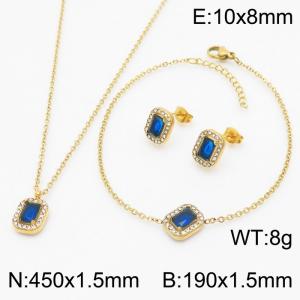 Blue Zircon Squares Shape Charm Jewelry Set for Women Bracelet Earrings and Necklace Set Gold Color - KS215300-HR