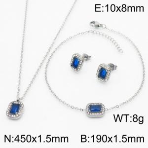 Blue Zircon Squares Shape Charm Jewelry Set for Women Bracelet Earrings and Necklace Set Silver Color - KS215301-HR