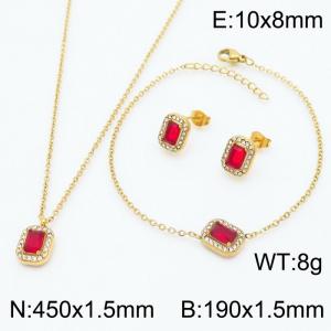 Red Zircon Squares Shape Charm Jewelry Set for Women Bracelet Earrings and Necklace Set Gold Color - KS215302-HR