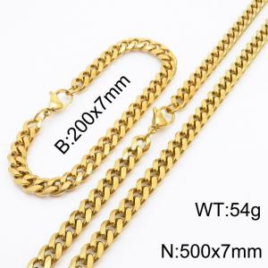 7mm Stylish and minimalist stainless steel gold Cuban chain bracelet necklace jewelry set - KS216185-Z
