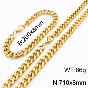 8mm Stylish and minimalist stainless steel gold Cuban chain bracelet necklace jewelry set - KS216210-Z