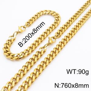 8mm Stylish and minimalist stainless steel gold Cuban chain bracelet necklace jewelry set - KS216211-Z