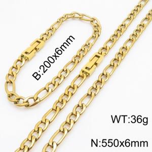 Gold Color Figaro Chain Jewelry Set Stainless Steel 55cm Necklace 20cm Bracelets For Men - KS216334-Z