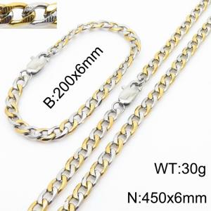 450mm Stainless Steel Set Necklace Blacelet Cuban Link Chain Silver Mix Gold Color - KS216355-Z
