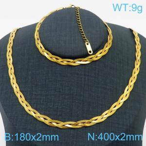 Stainless Steel Braided Herringbone Necklace Set for Women Gold - KS216610-Z