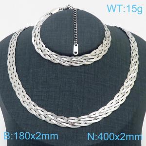 Stainless Steel Braided Herringbone Necklace Set for Women Silver - KS216619-Z