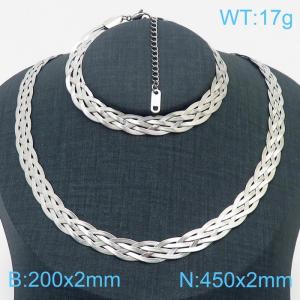 Stainless Steel Braided Herringbone Necklace Set for Women Silver - KS216620-Z