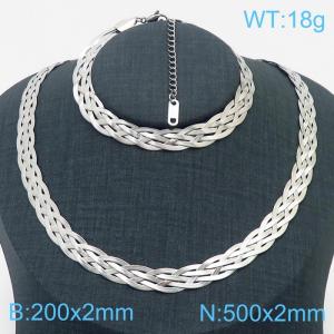 Stainless Steel Braided Herringbone Necklace Set for Women Silver - KS216621-Z