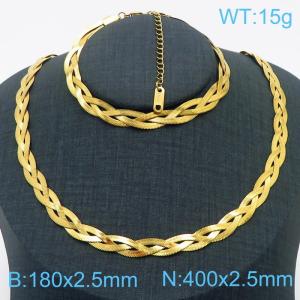 Stainless Steel Braided Herringbone Necklace Set for Women Gold - KS216631-Z