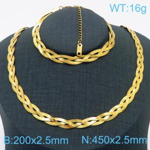 Stainless Steel Braided Herringbone Necklace Set for Women Gold - KS216632-Z