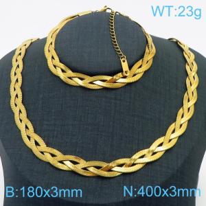 Stainless Steel Braided Herringbone Necklace Set for Women Gold - KS216658-Z
