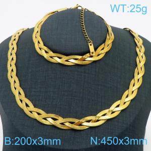 Stainless Steel Braided Herringbone Necklace Set for Women Gold - KS216659-Z