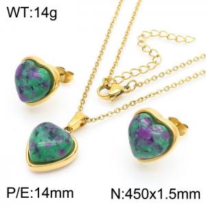 Love Green Stone Earrings Stainless Steel Gold 450x1.5mm Necklace Set - KS216679-Z