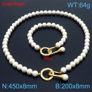 Fashionable French note buckle shell pearl women's bracelet necklace two-piece set - KS216835-Z