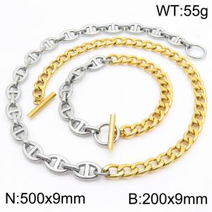 Japanese and Korean personalized stainless steel Japanese letter chain and NK chain splicing OT buckle bracelet necklace two-piece set - KS216847-Z