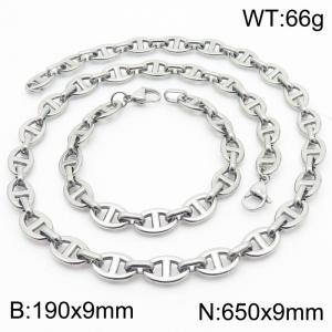 Silver Color 190x9mm Bracelet 650X9mm Necklace Lobster Clasp Pig Nose Link Chain Jewelry Set For Women Men - KS217070-Z