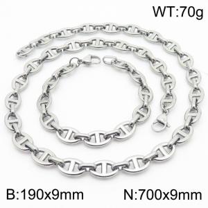 Silver Color 190x9mm Bracelet 700X9mm Necklace Lobster Clasp Pig Nose Link Chain Jewelry Set For Women Men - KS217071-Z