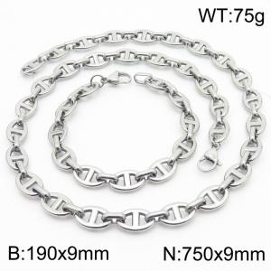 Silver Color 190x9mm Bracelet 750X9mm Necklace Lobster Clasp Pig Nose Link Chain Jewelry Set For Women Men - KS217072-Z