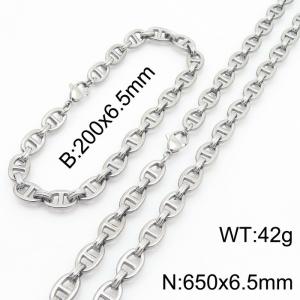 Silver Color 200x6.5mm Bracelet 650X4.5mm Necklace Lobster Clasp Pig Nose Link Chain Jewelry Sets For Women Men - KS217105-Z
