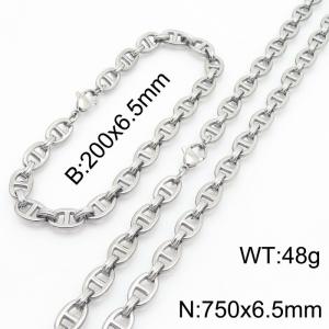 Silver Color 200x6.5mm Bracelet 750X4.5mm Necklace Lobster Clasp Pig Nose Link Chain Jewelry Sets For Women Men - KS217107-Z