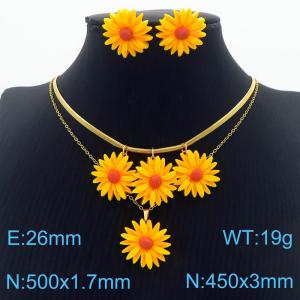 European and American fashion stainless steel double-layer mixed chain hanging sunflower pendant charm gold necklace&earring set - KS217157-BI