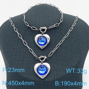 Stainless Steel Blue Stone Love Heart Charm Ladies Jewelry Set Personalized Knotted Charm Bracelet Necklace - KS217186-Z