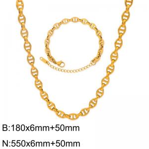 Stainless Steel Pig Nose Chain Jewelry Set for Women 6MM Polished Gold Color Bracelet Necklace - KS217197-Z