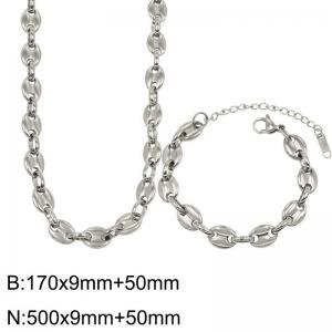 9MM Stainless Steel Pig Nose Chain Jewelry Set for Women Polished Round Beads Pieces Links Bracelet Necklace - KS217203-Z
