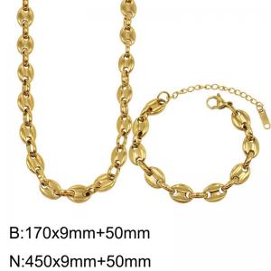 9MM Stainless Steel Pig Nose Chain Jewelry Set for Women Polished Gold Color Round Beads Pieces Links Bracelet Necklace - KS217205-Z