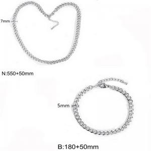 Stainless Steel Figaro Chain Jewelry Set for Women Polished Charm Bracelet Necklace - KS217210-Z